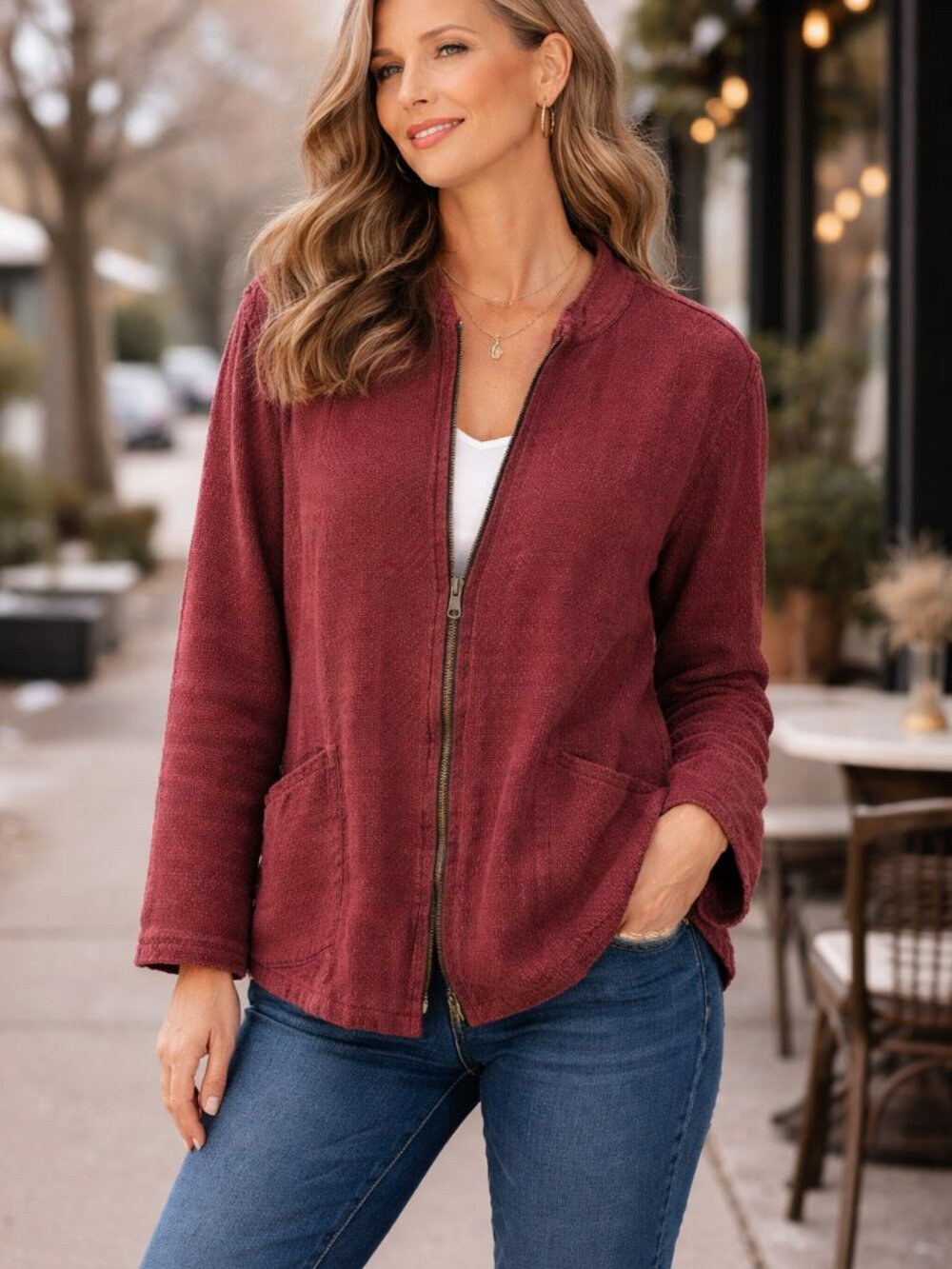 Flax 100% Linen Full Zip Jacket Cranberry Woven Textured Pattern Sz L